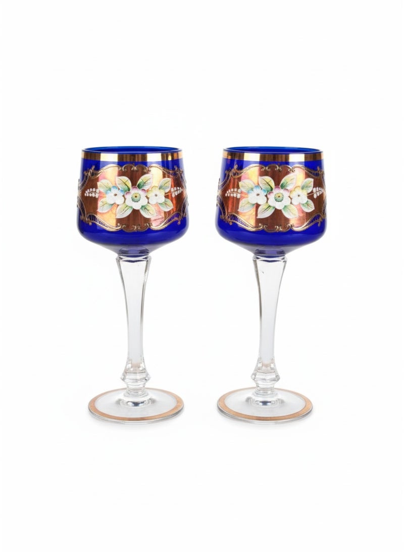 Set of 2 Vintage CZECH REPUBLIC BOHEMIA ROCOCO Cobalt BLUE GOLD Flowers Wine / Water Glass